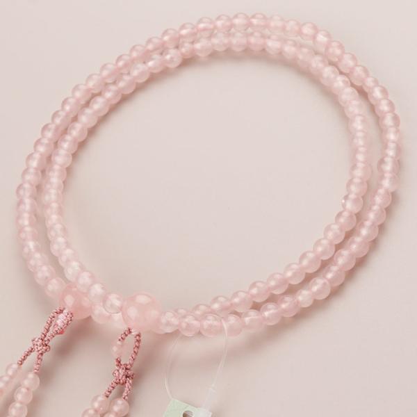 八宗派兼用 数珠 女性用 尺寸 108玉 ローズクォーツ 正絹2色房 数珠袋付き