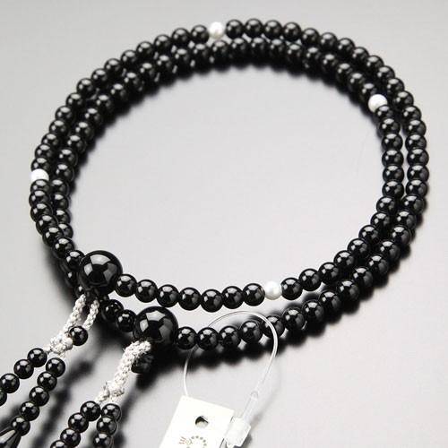 八宗派兼用 数珠 女性用 8寸 黒オニキス 淡水パール 正絹房 数珠袋付き