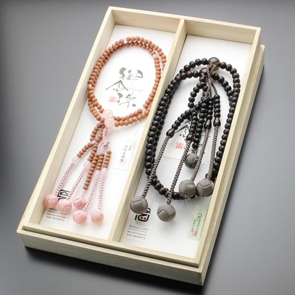 ≪ペア数珠≫日蓮宗 数珠 男性用（尺二 縞黒檀 茶水晶 梵天房）・日蓮宗 数珠 女性用（8寸 紅桜 ...