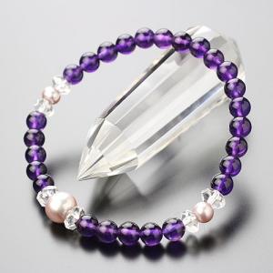 数珠 ブレスレット 約6ミリ 紫水晶 淡水パール（紫）ボタンカット水晶 天然石｜nenjyu
