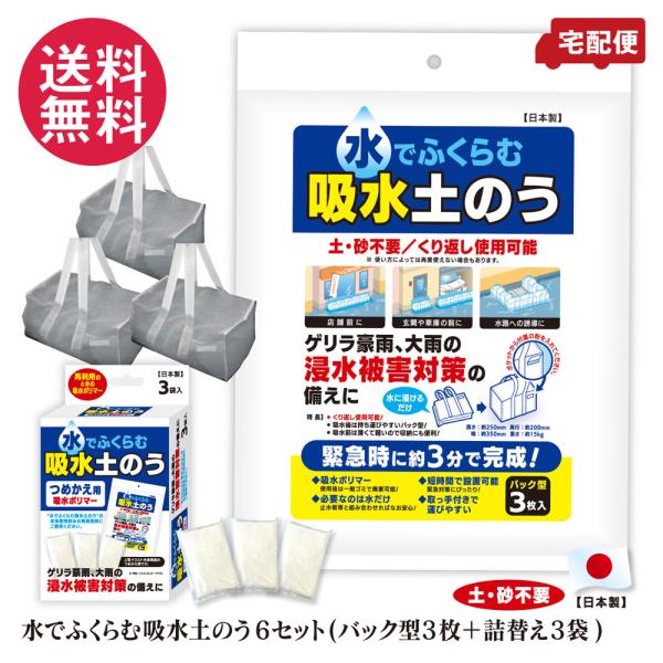 土嚢 水で膨らむ 吸水土嚢 セット(バック型3枚入り＋詰替え予備3袋) 送料無料