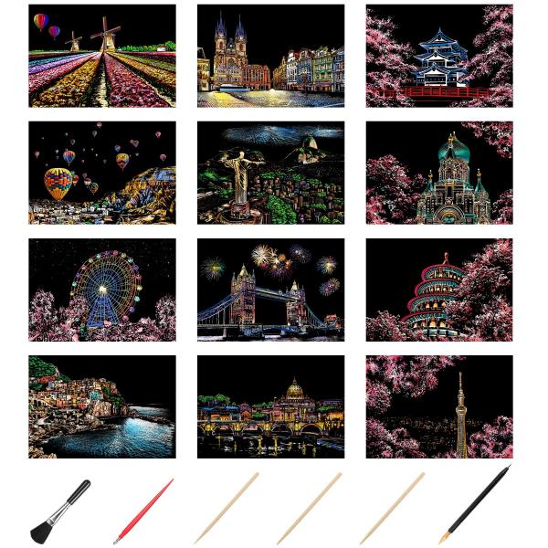 JANLOFO 12枚セット スクラッチアート 大人 スクラッチペーパー A4サイズ スクラッチアー...