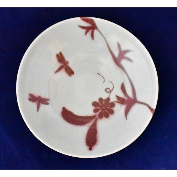 朝比奈克文　「花ととんぼ皿」　信州　陶芸　五山焼　真作保証　 味わいと温もりの逸品