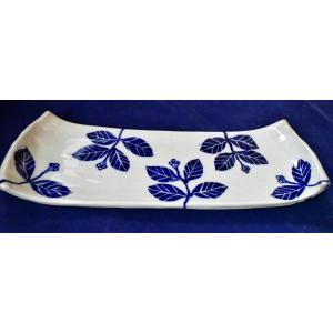 朝比奈克文　「草紋長皿青」　信州　陶芸　五山焼　真作保証　 特大４４センチ　味わいと温もりの逸品