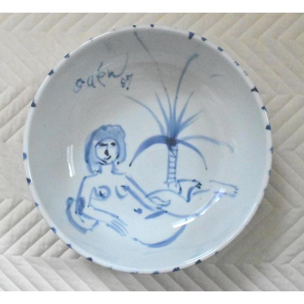猪熊弦一郎　「裸子と椰子鉢」　絵付鉢　真作保証　　モダンアート巨匠　「猪熊弦一郎作陶展　無名陶工祈念...