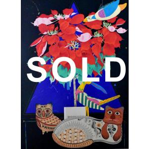 ★海沼永子「猫遊び」現代掛け軸・現代の墨絵！ ミクストメディア F６号 真作保証 海沼永子 「猫遊び」 静物画 ミクストメディア F6号 真作保証