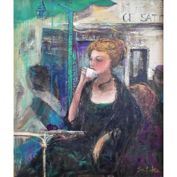 佐々木里華　「カフェの女」　人物画　油彩　Ｆ８号　真作保証　一枚の繪で活躍！　