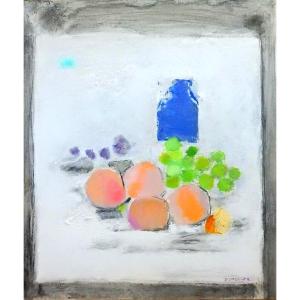 海沼永子 「猫遊び」 静物画 ミクストメディア F6号 真作保証