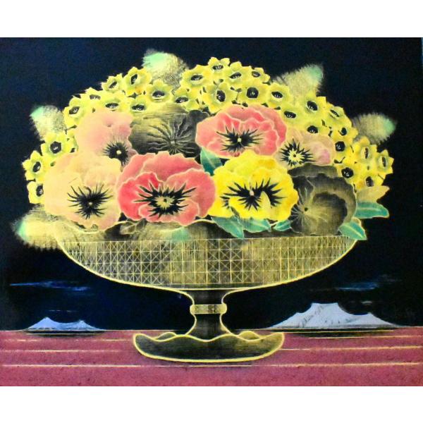 高橋節郎　「花」　漆パネル　F８号　真作保証　漆　工芸　　巨匠　東京芸大名誉教授　日本芸術院会員　日...