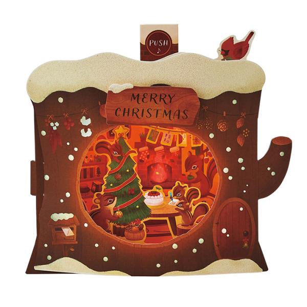 クリスマスカード　ライト＆メロディーカード　20曲収録　立体　切り株リスの家柄　109720　[M便...