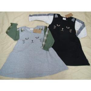 女の子　長袖  ワンピース　チュニック  長袖ワンピース　ねこ　子供服　ガール　ベビー　キッズ　80...