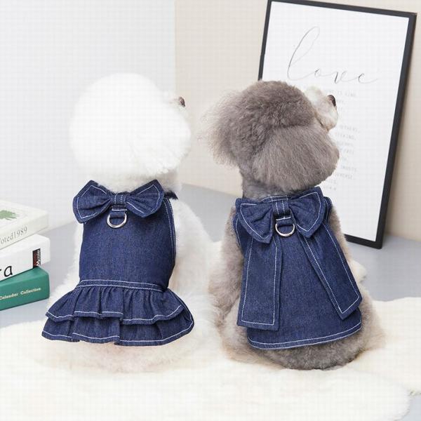 犬服 小型犬 犬用デニム服 マジックテープ着脱 お出かけ・お散歩用ワンピース リードも付けられる 韓...