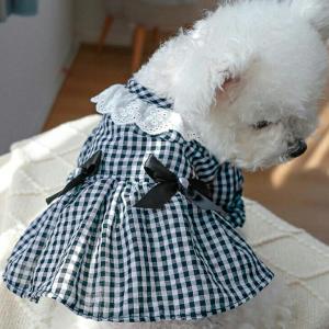 秋服 新作 犬猫服 モノトーン ギンガムチェック 小型犬用 女の子リボン付きワンピース【a252】送料無料