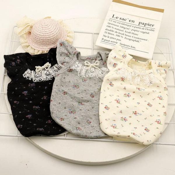 【新規】超可愛い! 秋服 小花柄 リボン パール モノトーン カットソー トップス 重ね着 犬用 猫...