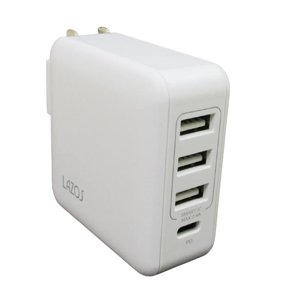 AC充電器 4ポート PD32w AC-USB充電 Type-C/A ホワイト Lazos L-AC...