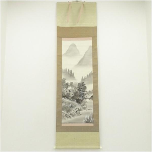 秋心筆　水墨山水　肉筆絹本掛軸（箱付）