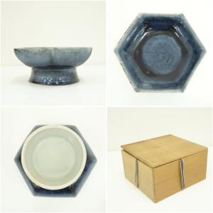 河井久造 呉須六角高杯(共箱)の詳細画像5