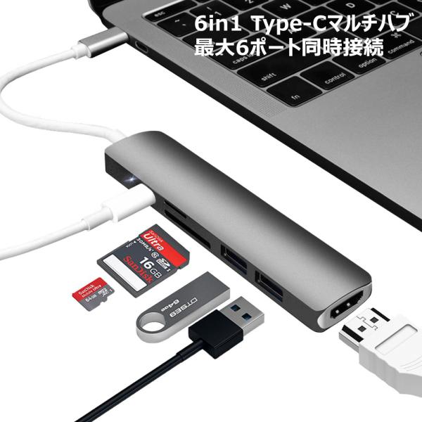 Type-Cマルチハブ 6ポート搭載 USB3.0×2 SD/MicroSD HDMI