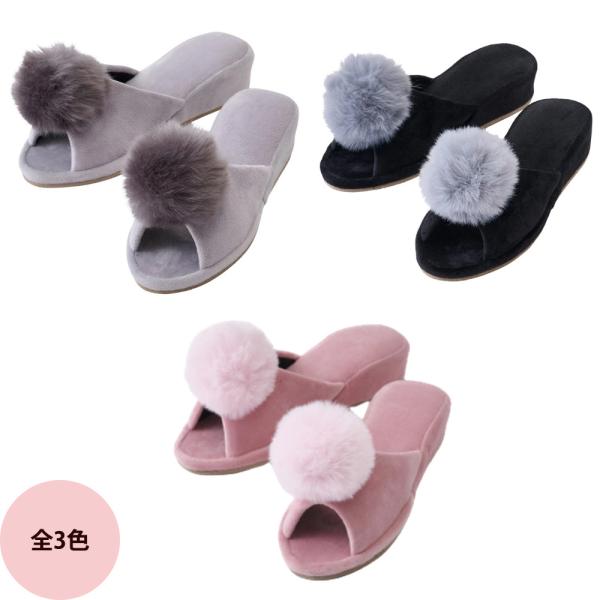 Simplicity シンプリシティ ぽんぽんファースリッパ ヒール4cm 全3色（グレー ブラック...