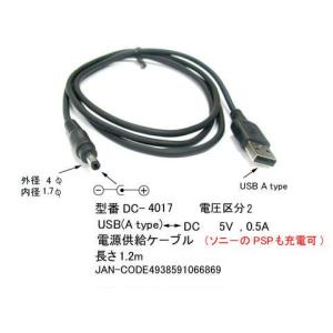 DC-4017 USB充電ケーブル 外径4mm内径1.7mm PSP充電可