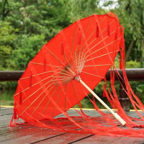 コスプレ 番傘 無地 タッセル＆ロングリボン付き 布製 (レッド) 和傘