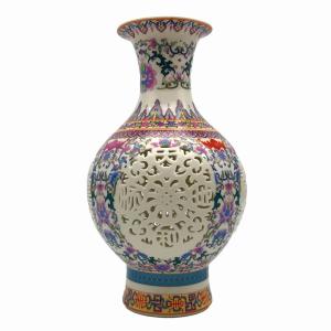 訳あり 置物 花瓶 景徳鎮 透かし彫り 中国伝統柄 陶磁器製 (カラフル)｜neustadt