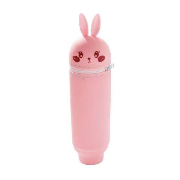 スタンドペンケース ウサギ 顔のイラスト 立体的な耳 シリコン製 (ピンク)