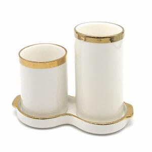 箸立て ゴールドカラーの縁取り バイカラー スタイリッシュ 大小2個セット 水受け皿付き 陶器製 (ホワイト)｜neustadt