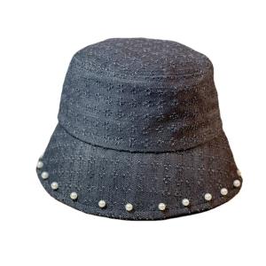帽子 バケットハット デニム パール風装飾付き 折りたたみ可 (ブラック)｜neustadt