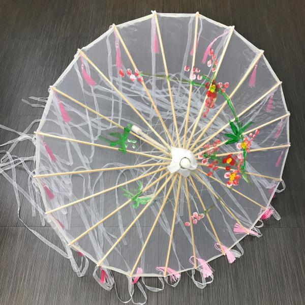 コスプレ 番傘 花柄 タッセル＆ロングリボン付き 布製 (ホワイト×ピンク) 和傘