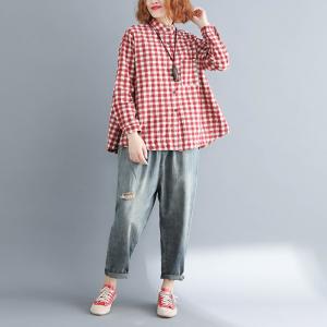トップス プルオーバー レディース コットン チェックシャツ 大人かわいい 長袖 ゆったり シンプル 大きいサイズ