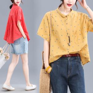 ドット シャツ ブラウス レディース 水玉柄 半袖 リネン コットン 綿 