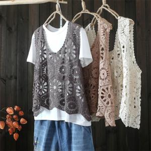 ベストレディース 春夏 花柄レース トップス vネック 透かし編み