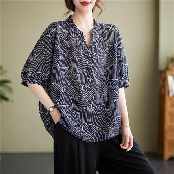 夏人気シャツ レディース 5分袖 涼しげ トップス きれいめ プルオーバー Vネック スキッパーネッ...