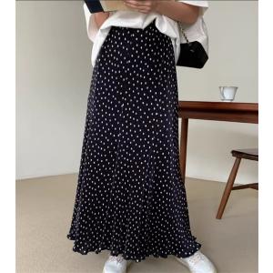 人気スカート レディース ボトムス  春夏 ロングスカート マキシ丈  水玉 ウエストゴム 裏地付き ドット柄 やわらかくナチュラルな風合いが魅力 キレイめ