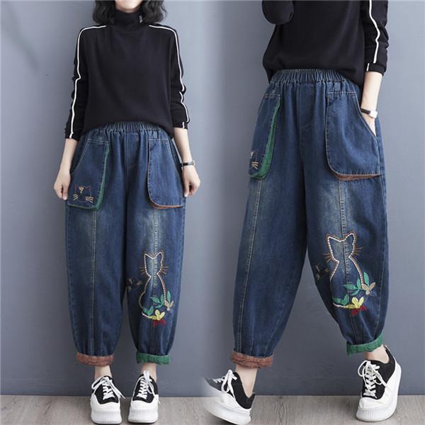 大人パンツ レディース 夏服 ボトムス ズボン ロング丈 ウエストゴム  刺繍 猫柄 デニムパンツ ...