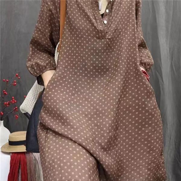 ロングシャツ レディース 春トップス  長袖 バルーンスリーブ ドット柄 レトロ リラクシーな素材な...