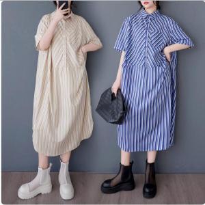 レディース シャツワンピース 膝下丈 ブルー 縦...の商品画像