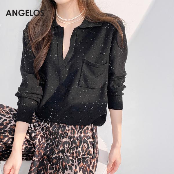 スパンコールオープンカラーニット スパンコール レディース カットソー Vネック Tシャツ トップス...