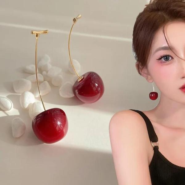 女性のための赤い桜のイヤリング,フルーツの形をしたイヤリング,結婚式のジュエリー,韓国のジュエリーギ...