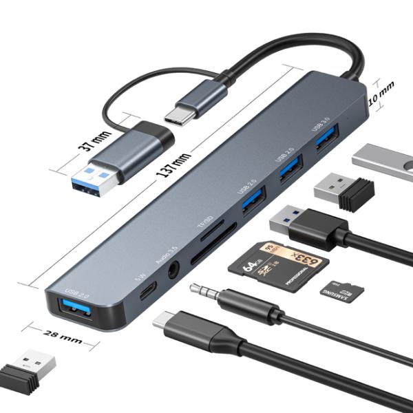 USBハブ,SDおよびsdカードリーダー,3.5mmポート,8 in 1,スプリッター,USB 3....