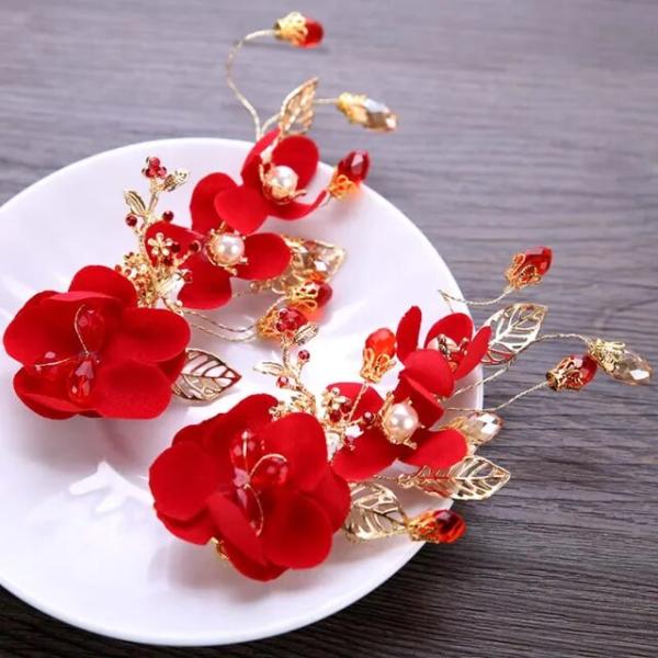花嫁のための中国の結婚式のヘアピン,ヘアクリップ,赤い花のピン,ダブルヘッド,ジュエリー
