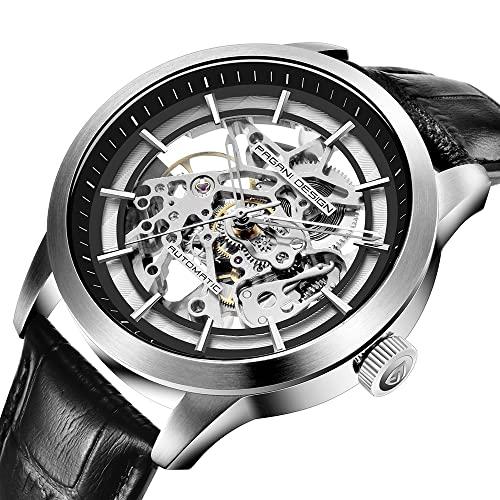 パガーニデザイン自動時計メンズスケルトンメカニカルウォッチ自動巻き高級ワンピース革防水腕時計