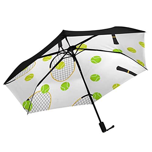 白いインナープリントにシームレステニスボールとラケット折畳み傘、強力軽量トラベル雨傘、ポータブルコン...