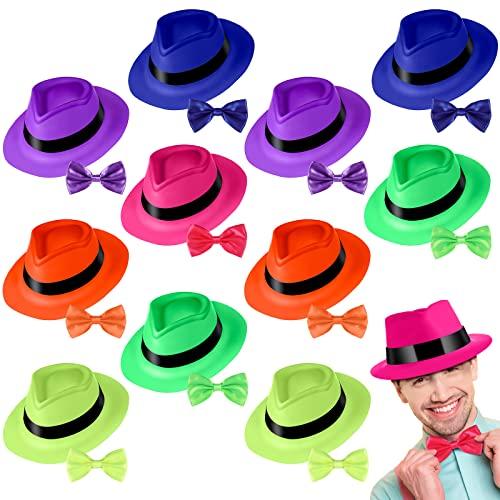 12枚組ネオンFedoraドレスハットギャングスタープラスチックパーティー用帽子と12本組メンズ蝶ネ...