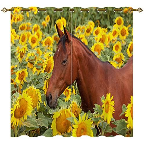 馬のカーテン、家畜西洋田舎馬の花ひまわりの窓用ドレープ、農家の素朴なテーマのカーテン寝室用2枚42×...