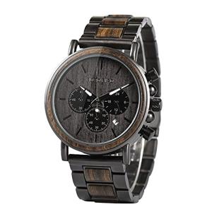 BOBO BIRD メンズ 木製腕時計 ビジネス カジュアル 腕時計 スタイリッシュ 黒檀 ステンレススチール クロノグラフ 木製ボックス付き(グレー)