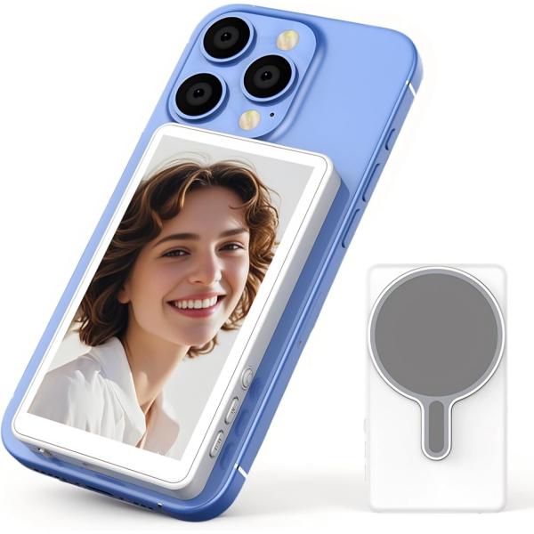 マグネット式スマホ自撮りモニター、4.02インチHD自動認識ワイヤレスリアカメラ搭載スマートフォンモ...