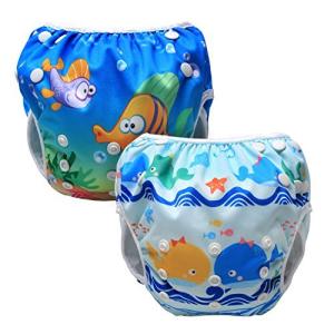 Luxja 赤ちゃん水着 2点セット 0~3歳 サイズ調節可能 再利用可能 クジラ+魚