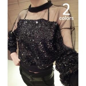 シースルートップス スパンコール シースルー 切替